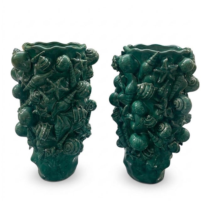Hand-crafted with incredible tactile detail, these vases are a masterclass in mid-century Majolica artistry, likely...