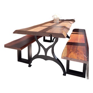 Custom Live Edge Walnut Wood Dining Table With Benches and Brooklyn New York Cast Iron Base For Sale