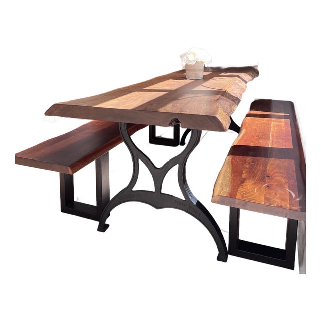 Custom Live Edge Walnut Wood Dining Table With Benches and Brooklyn New York Cast Iron Base For Sale