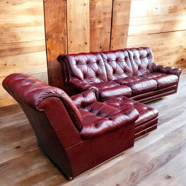 Elevate Your Home With This Stunning, Vintage Hancock & Moore Living Room Collection, Featuring a Luxurious Sofa, Armchair, and Matching Ottoman For Sale - Image 10 of 12