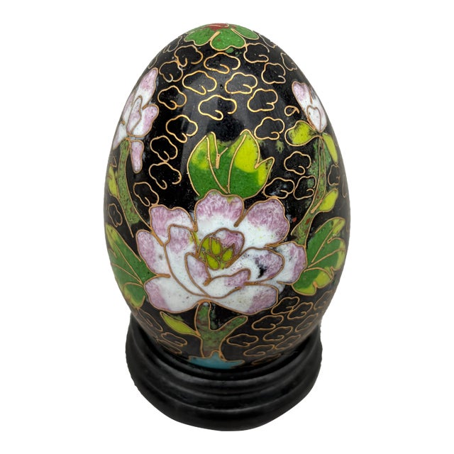 Vintage Cloisonne Egg and Wood Stand For Sale