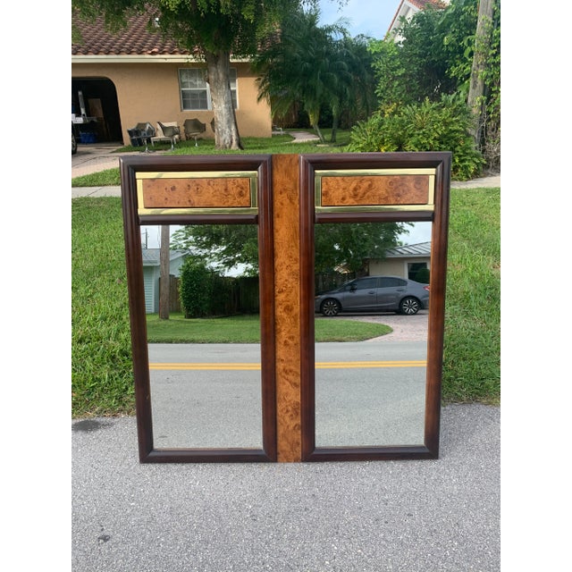 Beautiful faux burl wood wall or dresser-top dual mirrors, with brass trimming. One solid piece of wood backing, with...