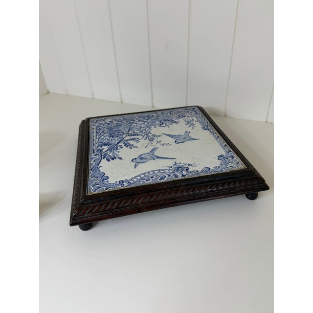 Vintage French Blue & White Faience Tile Trivet in Carved Wood Frame For Sale - Image 12 of 12