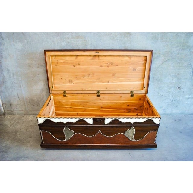 Hand Crafted - Refurbished Cedar Wood Chest with Storage, Stained Red Mahogany Green Crocodile Print Cowhide, White and...