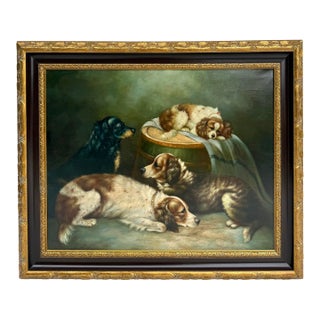 1890–1910 British Oil Painting of Resting Spaniels in a Domestic Interior, Signed Holtham For Sale