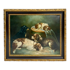 1890–1910 British Oil Painting of Resting Spaniels in a Domestic Interior, Signed Holtham