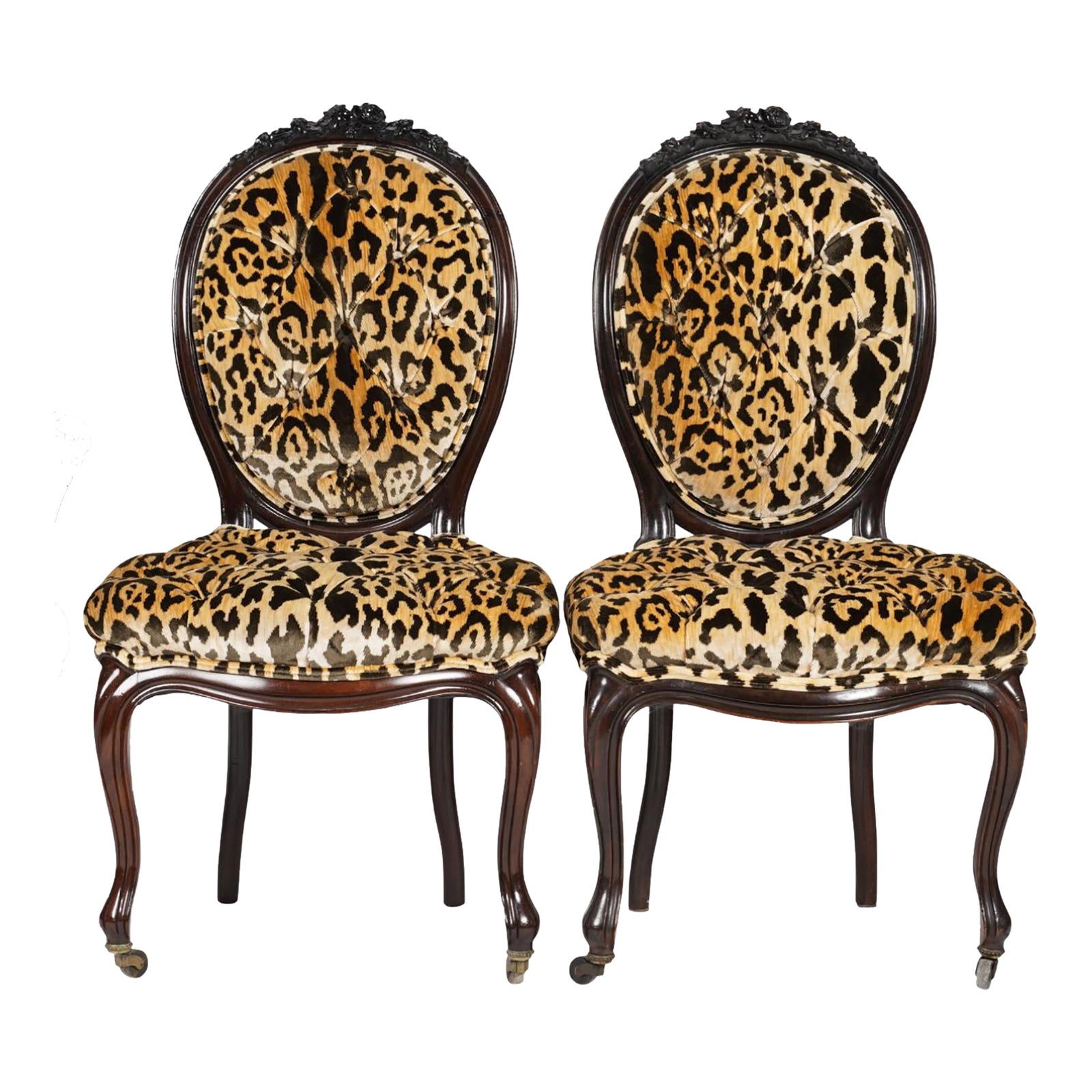 Pair of Antique Mahogany Rococo Chairs W Scalamandre Leapardo Silk