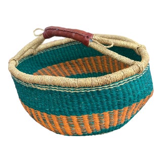Handcrafted African Orange and Green Basket With Red Leather Handle For Sale