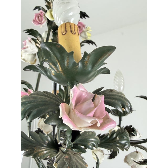 Florentine Six-Light Chandelier in Wrought Iron and Porcelain, 1970s For Sale - Image 6 of 11