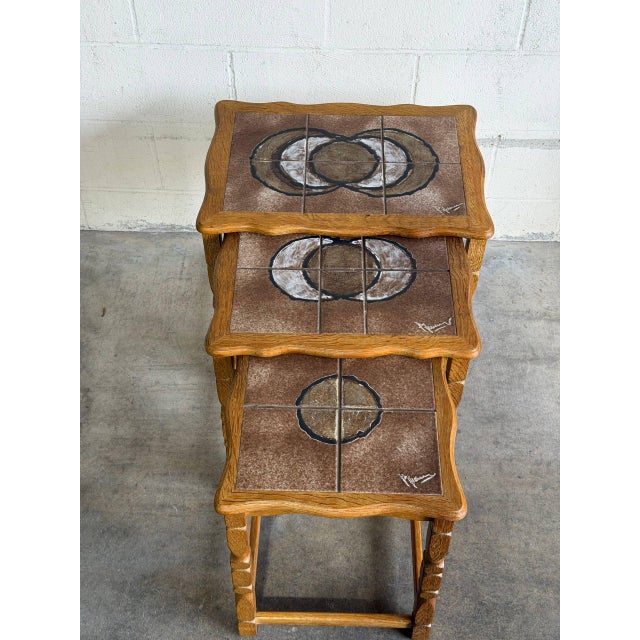 Danish Oak Ceramic Tile Top Nesting Side Tables Mid-Century Modern 1970s For Sale In Los Angeles - Image 6 of 8