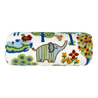 Scalamandre 21" x 7" Nursery Crewel Bolster Pillow in Primaries For Sale