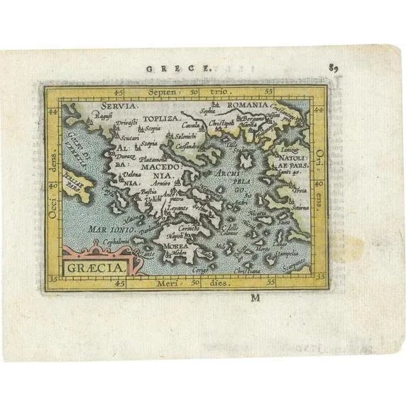 17th Century Small Hand-Coloured Copper Engraving of Greece, 1602 For Sale - Image 5 of 5