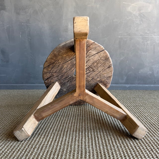 Brown Vintage Elm Wood Wheel Table in Natural Finish For Sale - Image 8 of 8
