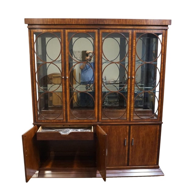 Hickory White Banded Mahogany Contemporary Modern Asian Inspired 79" Lighted Display China Cabinet For Sale - Image 9 of 15