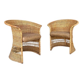 Pair of David Morgan Rattan Wicker Accent Chairs For Sale
