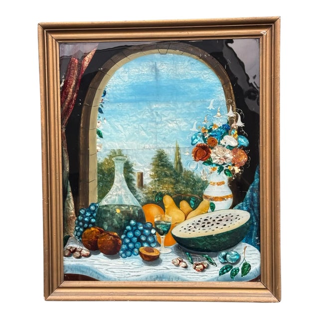 Antique Foil Art Reverse Harvest Feast Still Life Painting Beneath Glass For Sale