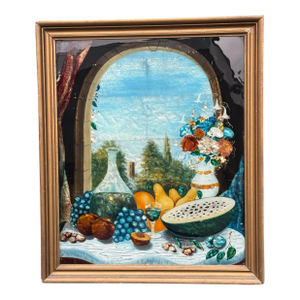 Antique Foil Art Reverse Harvest Feast Still Life Painting Beneath Glass