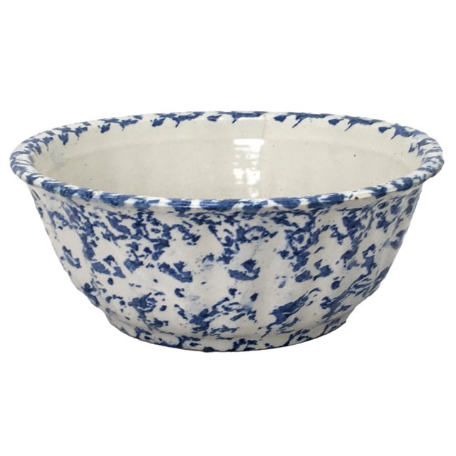 Large 11 1/2 Inch Size Antique American Blue Spongeware Decorated Stoneware Kitchen Mixing Bowl For Sale - Image 9 of 13