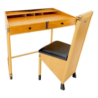Birds Eye Maple Italian Art Deco Style Low Profile Desk w/ Leather Chair Mint! For Sale