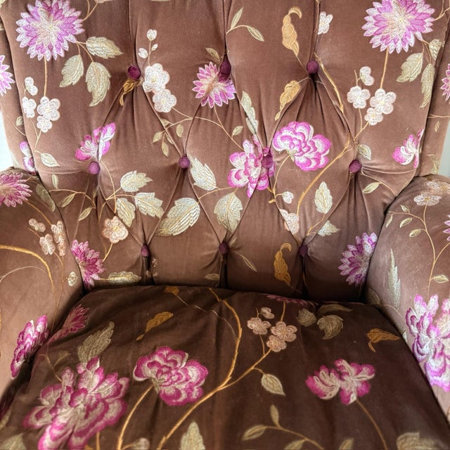 1990s Vintage Custom Traditional English Cottage French Floral Velvet Armchair + Ottoman For Sale - Image 5 of 12