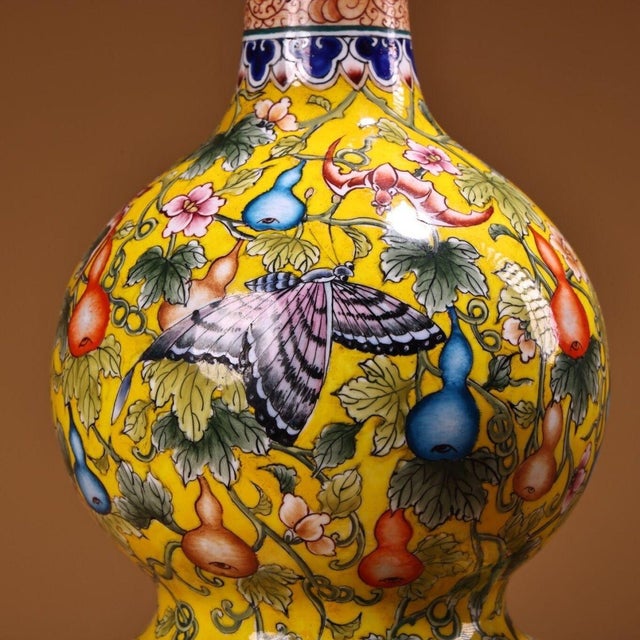 Metal Late 20th Century Pair of Gilt Bronze Cloisonné Enamel Double-Gourd Vases With Butterfly and Gourd Motif For Sale - Image 7 of 10