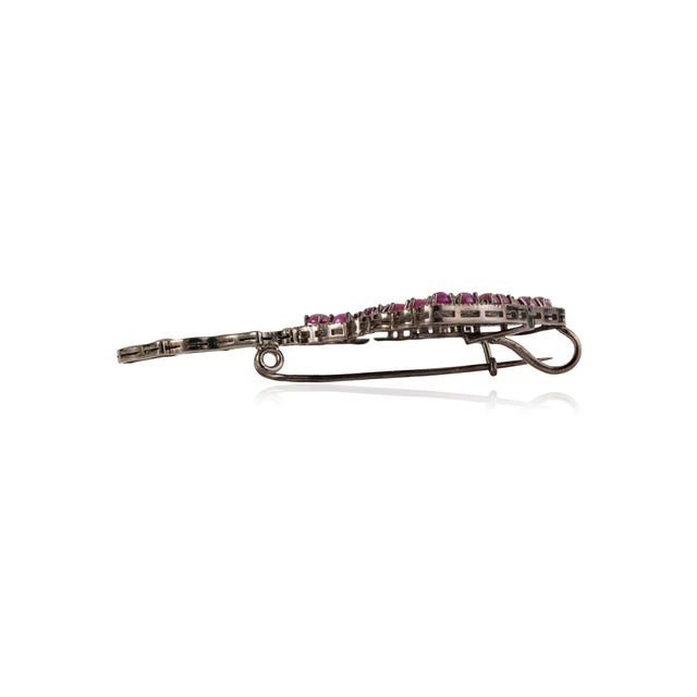 Art Deco Style Tutti Frutti Ruby & Diamond Ginkgo Leaf Brooch Pendant in Sterling Silver For Sale - Image 10 of 15