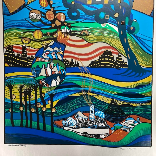 Contemporary 1972 Helmut Kand "Glasshouse Trees - Harvest" Signed Modernist Foil Print For Sale - Image 3 of 8