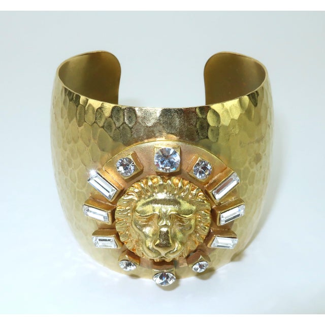 Art Deco Gerard Yosca Gold Plate & Rhinestone Cuff Bracelet With Lion Motif For Sale - Image 3 of 12