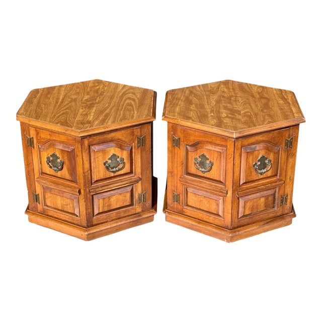 Vintage Octagonal Wood End Tables Pair-Colonial-Traditional-Storage-Night Stands For Sale