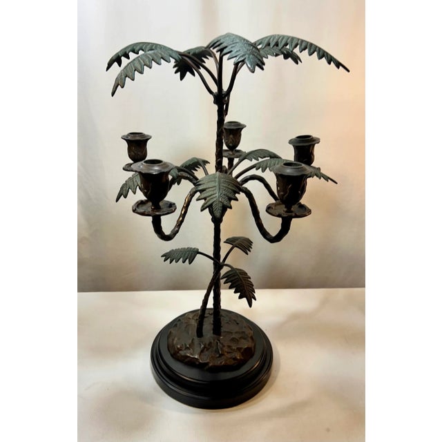 Vintage Palm Beach Regency Patinated Bronze Palm Tree Candelabra For Sale - Image 9 of 11