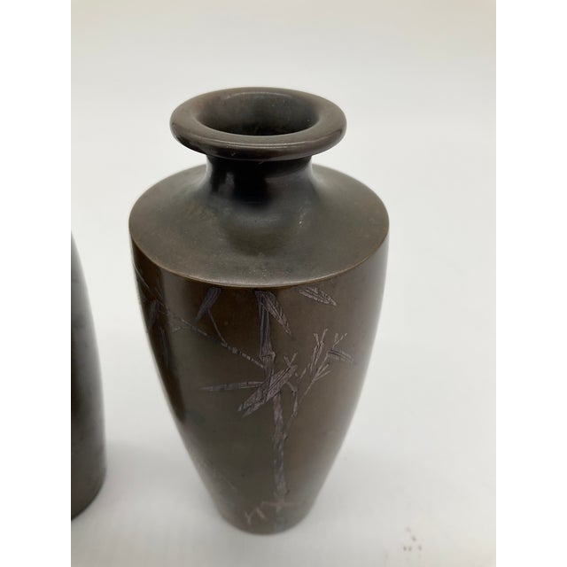 Vintage Japanese Silver Inlaid Bamboo Design Bronze Vase Set of 2 Meiji Period For Sale - Image 13 of 17