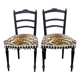 A Pair of Ebonized Opera Chairs in Tiger Upholstery For Sale