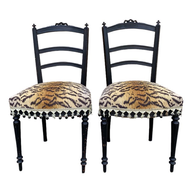 A Pair of Ebonized Opera Chairs in Tiger Upholstery For Sale