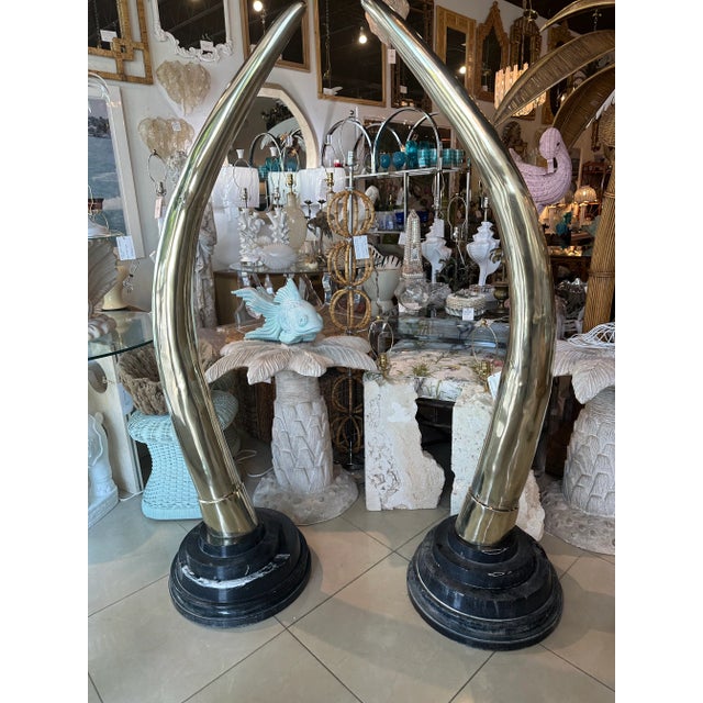 Vintage Pair 1970s Monumental Brass & Marble Faux Elephant Tusks Life Size For Sale - Image 10 of 12