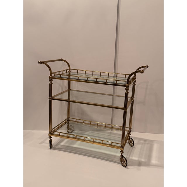 Regency Style 3 Tier Brass & Glass Mid Century Modern Bar Cart For Sale - Image 10 of 12