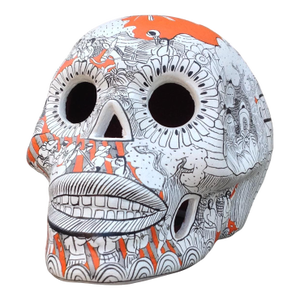 Mexican Folk Art Skull Sculpture With Allover Artisan Handpainted Decoration