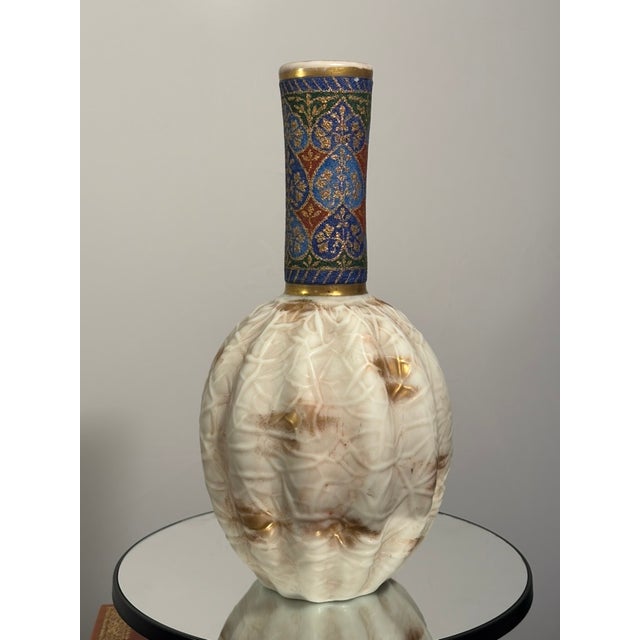 Tall Art Glass Vase With Melon Ribbing, Gilt and Enamel Opal Glass Attributed to Harrach, 1880s-1920's. For Sale - Image 14 of 15