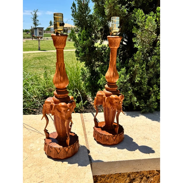 C. 1960s Mid Century Pair Carved Teakwood Elephant & Lotus Form Table Lamps For Sale - Image 4 of 6