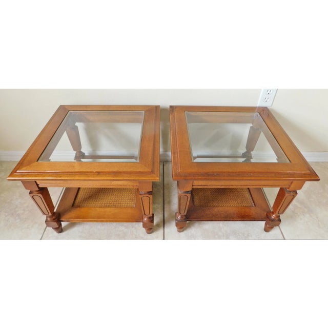 Mid-Century Modern Pair Small Low Vintage Square Solid Wood Cane & Beveled Glass Side/End Accent Tables For Sale - Image 3 of 12