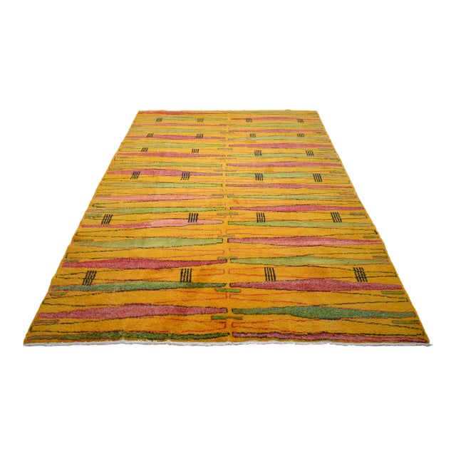 Vintage Turkish Rug – Zeki Muren Art Deco Abstract Wool Carpet, Mid-Century Collector Masterpiece 7′1″ × 10′1″ For Sale