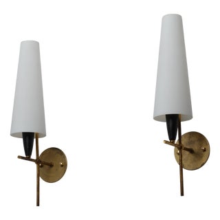 Large Vintage Italian Brass and Opaline Glass Wall Lights, 1950s, Set of 2 For Sale