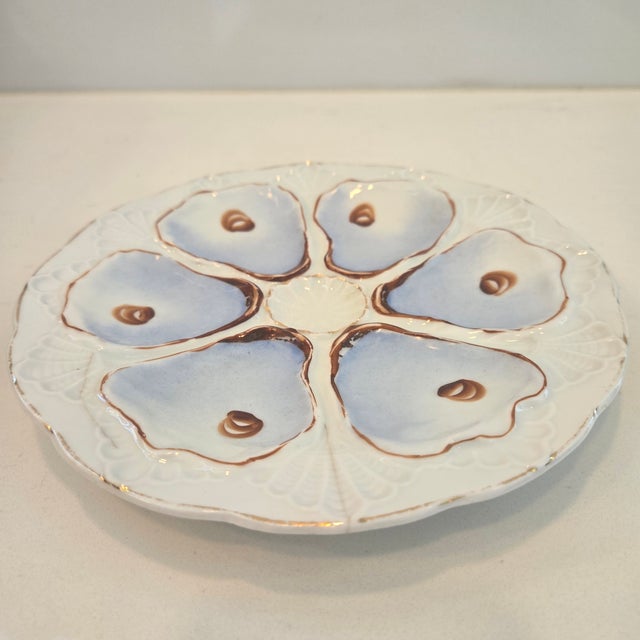 Antique European 6-Well Porcelain Oyster Plate, Lavender-Blue & Gold For Sale - Image 9 of 12