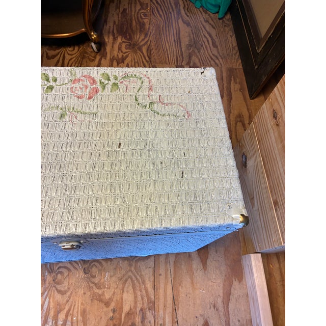 Vintage Blue Painted Wicker Storage Trunk With Pink Roses For Sale - Image 4 of 6