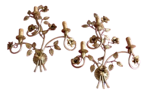 1960s French Mid Century Gilt Metal Floral Design Wall Sconces Style Bagues - a Pair
