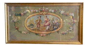 18th Century French Aubusson Courting Tapestry Gouache on Paper in Gilt Frame