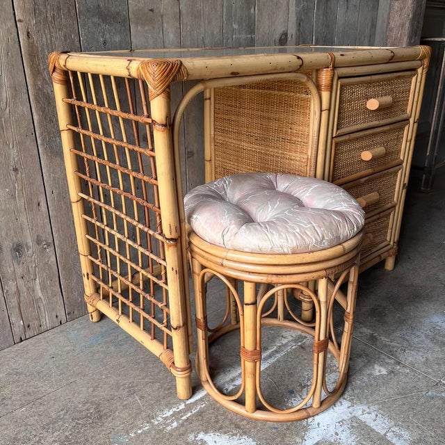 Vintage bamboo dressing table with 4 drawers with bamboo handles. The side panel has a wonderful bamboo grid and the top...