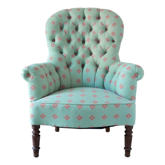 Vintage Green Coral Button Back Armchair, Belgium For Sale