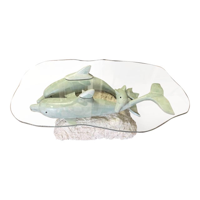 Vintage Sculptural Glass Top Coffee Table, Three Dolphins, Marine Life, Exposed Top Fins, Textured Edge Glass For Sale