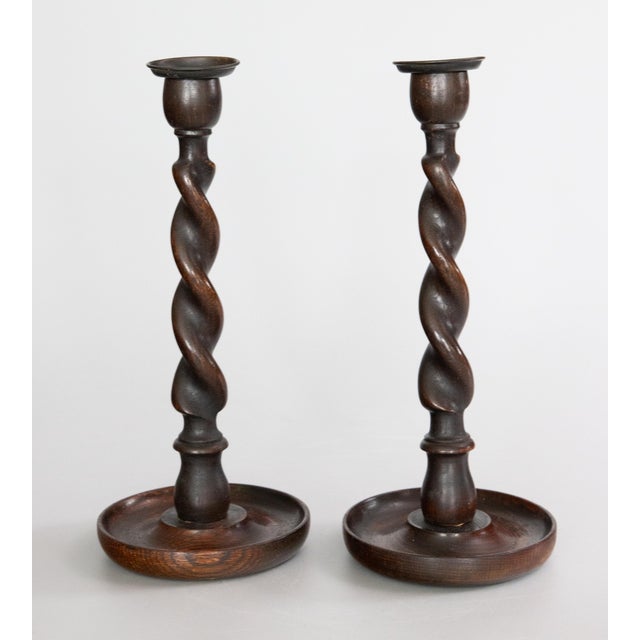 Brown Antique English Barley Twist Oak Candlesticks - A Pair For Sale - Image 8 of 8