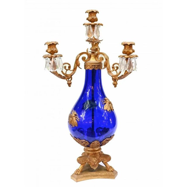 Great pair of antique french candelabras with gilt branches mounted on blue glass vases four branches to each urn love the...